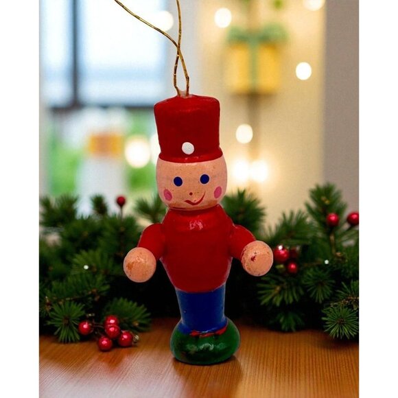 Vintage Wood Toy Soldier Christmas Tree Ornament Hand Painted Red Guard - Picture 1 of 6